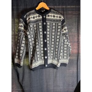 Filene's Vintage Norway Wool Cardigan Black Cream‎ Fair Isle Nordic Sweater